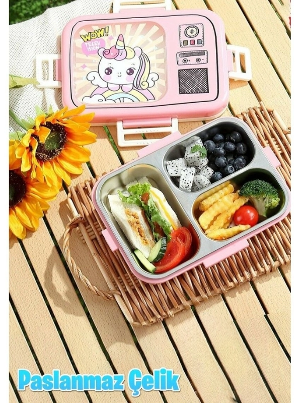 Vagonlife Lunch Box 820 ml Tek Kat Üç Bölmeli Sos Kaseli Yeni Nesil Sefer Pembe Unicorn  TASI-FFLBOX10283