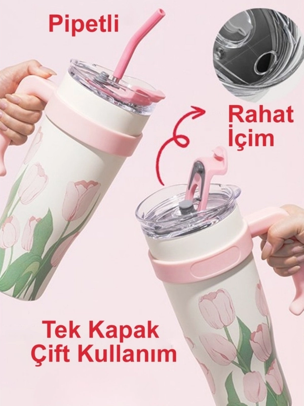 Vagon Life DILLER Quencher Cup 1200 ML Pipetli/Rahat İçim Kulplu Paslanmaz Çelik Termos -FFDILLERD9120