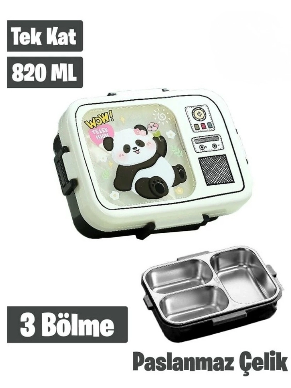 Vagonlife Lunch Box 820 ml Tek Kat Üç Bölmeli Sos Kaseli Yeni Nesil Sefer Siyah Beyaz Panda TASI-FFLBOX10283