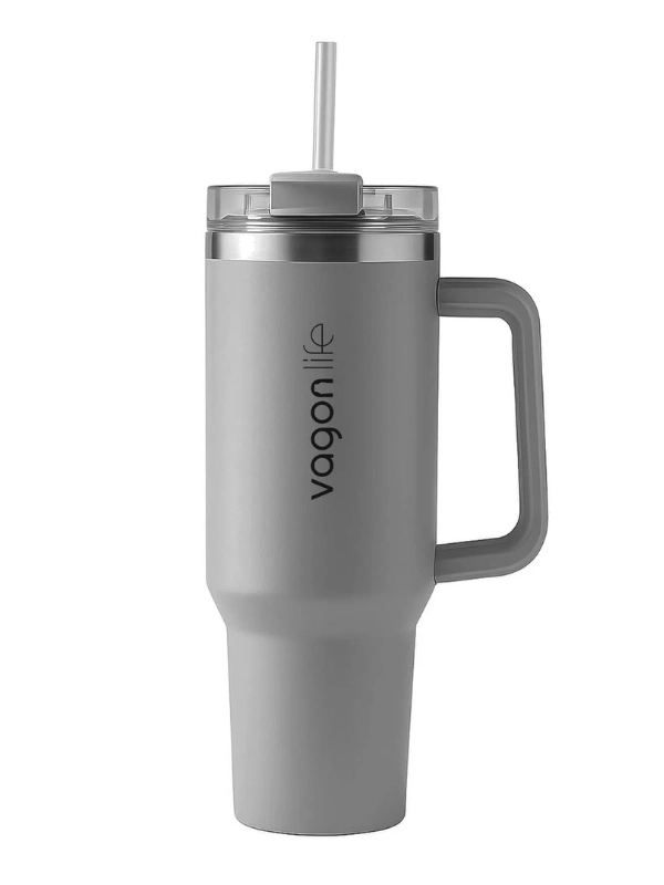 Vagonlife Quencher Cup 1200 ML Pipetli/Rahat İçim Kulplu Paslanmaz Çelik Termos GRİ - VGN058