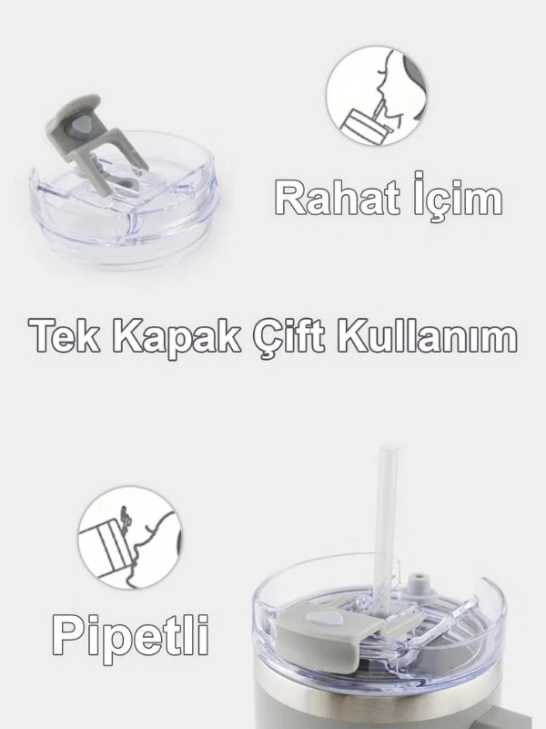 Vagonlife Quencher Cup 1200 ML Pipetli/Rahat İçim Kulplu Paslanmaz Çelik Termos MOR - VGN058