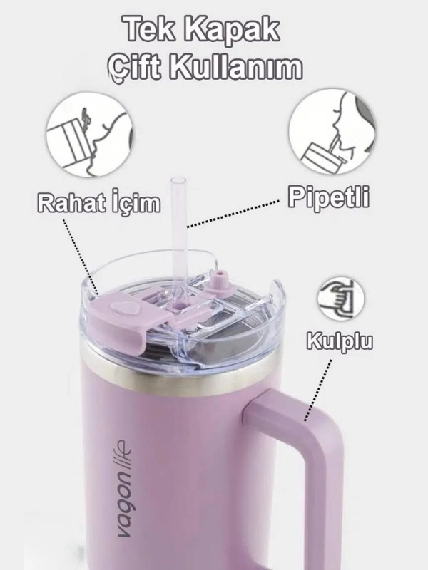Vagonlife Quencher Cup 1200 ML Pipetli/Rahat İçim Kulplu Paslanmaz Çelik Termos MOR - VGN058