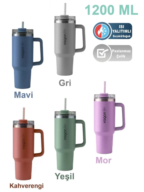 Vagonlife Quencher Cup 1200 ML Pipetli/Rahat İçim Kulplu Paslanmaz Çelik Termos KAHVERENGİ - VGN058