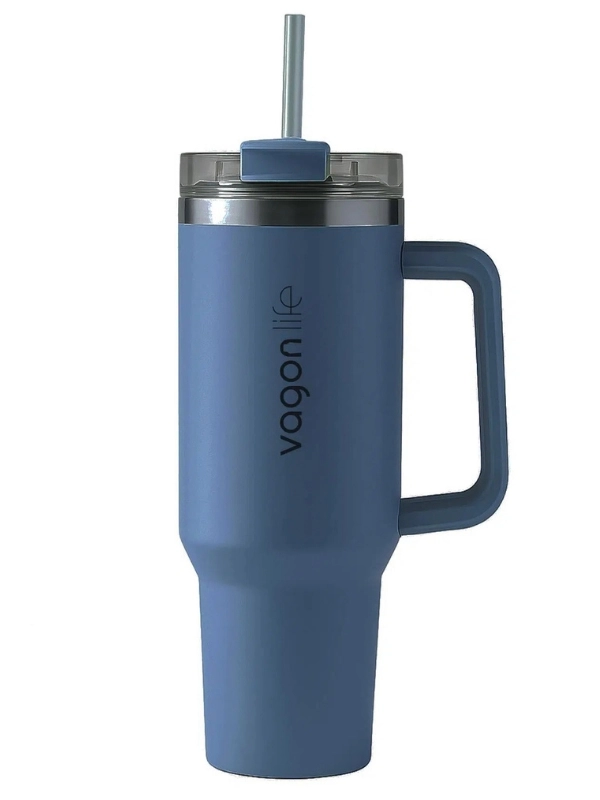 Vagonlife Quencher Cup 1200 ML Pipetli/Rahat İçim Kulplu Paslanmaz Çelik Termos MAVİ - VGN058