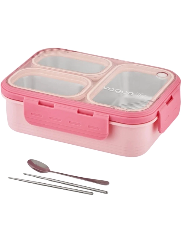 Vagon Life Lunch Box 620 ML Tek Kat Üç Bölmeli Metal Kaşıklı Yeni Nesil Sefer Tası Pembe FFLBOX7097