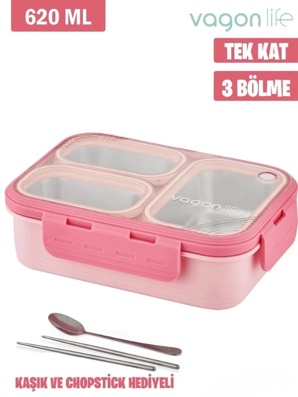Vagon Life Lunch Box 620 ML Tek Kat Üç Bölmeli Metal Kaşıklı Yeni Nesil Sefer Tası Pembe FFLBOX7097