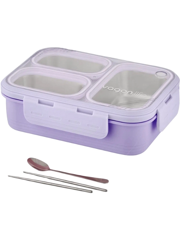 Vagon Life Lunch Box 620 ML Tek Kat Üç Bölmeli Metal Kaşıklı Yeni Nesil Sefer Tası Mor FFLBOX7097