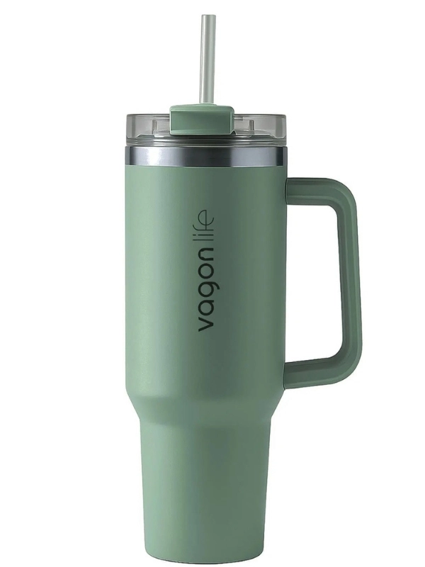 Vagonlife Quencher Cup 1200 ML Pipetli/Rahat İçim Kulplu Paslanmaz Çelik Termos YEŞİL - VGN058
