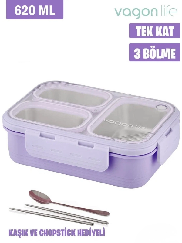 Vagon Life Lunch Box 620 ML Tek Kat Üç Bölmeli Metal Kaşıklı Yeni Nesil Sefer Tası Mor FFLBOX7097