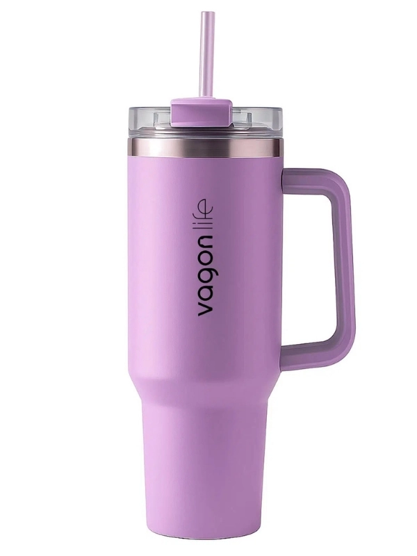 Vagonlife Quencher Cup 1200 ML Pipetli/Rahat İçim Kulplu Paslanmaz Çelik Termos MOR - VGN058