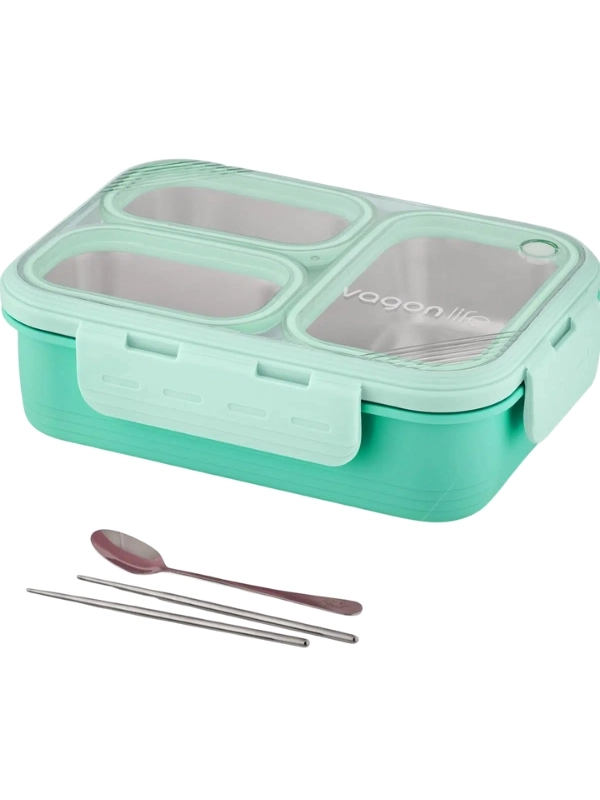 Vagon Life Lunch Box 620 ML Tek Kat Üç Bölmeli Metal Kaşıklı Yeni Nesil Sefer Tası Yeşil FFLBOX7097