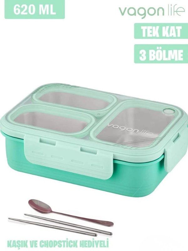 Vagon Life Lunch Box 620 ML Tek Kat Üç Bölmeli Metal Kaşıklı Yeni Nesil Sefer Tası Yeşil FFLBOX7097