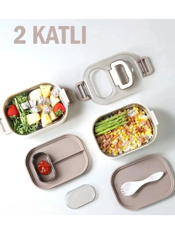 Vagonlife 1000 ML İki Kat Üç Bölme Paslanmaz Çelik Bento Lunch Box Yeni Nesil Sefer Tası-Sos Kaseli Model VGN7081