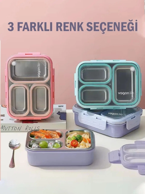 Vagon Life Lunch Box 620 ML Tek Kat Üç Bölmeli Metal Kaşıklı Yeni Nesil Sefer Tası Yeşil FFLBOX7097