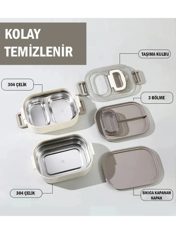 Vagonlife 1000 ML İki Kat Üç Bölme Paslanmaz Çelik Bento Lunch Box Yeni Nesil Sefer Tası-Sos Kaseli Model VGN7081