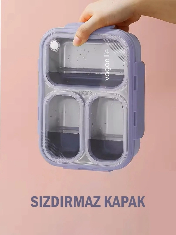Vagon Life Lunch Box 620 ML Tek Kat Üç Bölmeli Metal Kaşıklı Yeni Nesil Sefer Tası Yeşil FFLBOX7097