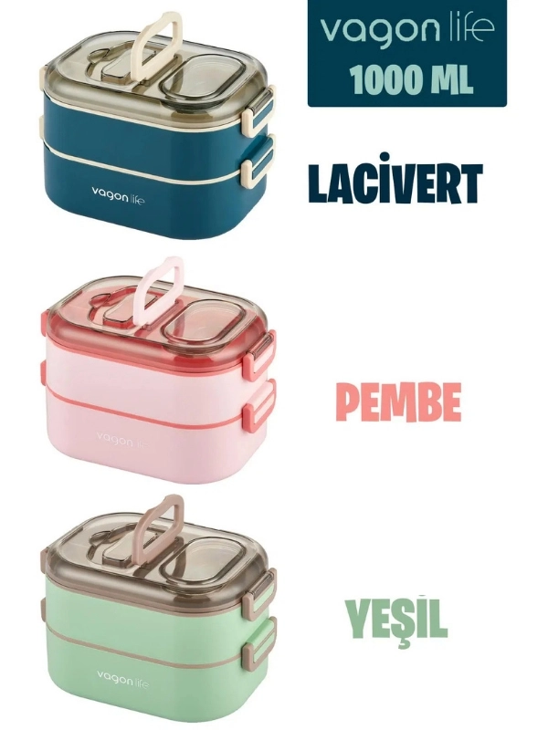 Vagonlife 1000 ML İki Kat Üç Bölme Paslanmaz Çelik Bento Lunch Box Yeni Nesil Sefer Tası-Sos Kaseli Model VGN7081