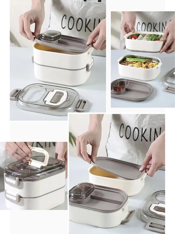 Vagonlife 1000 ML İki Kat Üç Bölme Paslanmaz Çelik Bento Lunch Box Yeni Nesil Sefer Tası-Sos Kaseli Model VGN7081