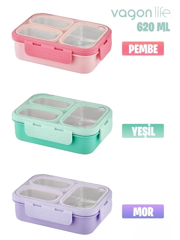Vagon Life Lunch Box 620 ML Tek Kat Üç Bölmeli Metal Kaşıklı Yeni Nesil Sefer Tası Yeşil FFLBOX7097