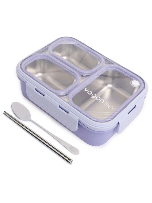 Vagon Life Lunch Box 620 ML Tek Kat Üç Bölmeli Metal Kaşıklı Yeni Nesil Sefer Tası Mor FFLBOX7097