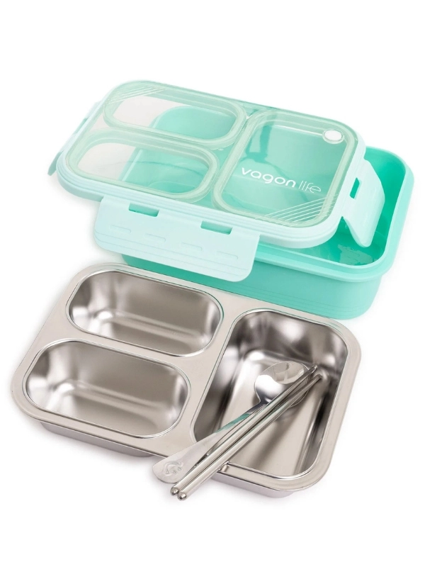 Vagon Life Lunch Box 620 ML Tek Kat Üç Bölmeli Metal Kaşıklı Yeni Nesil Sefer Tası Yeşil FFLBOX7097