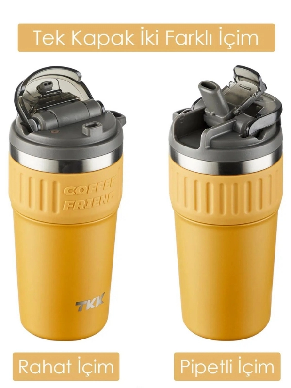 Vagon Life TKK 630 ML Özel Seri Çelik Mug Kahve Bardağı Pipetli/Rahat İçim 6 Saat Sıcak/12 Saat Soğuk Termos -T2023 630ML Sarı