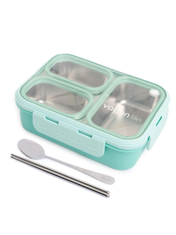 Vagon Life Lunch Box 620 ML Tek Kat Üç Bölmeli Metal Kaşıklı Yeni Nesil Sefer Tası Yeşil FFLBOX7097