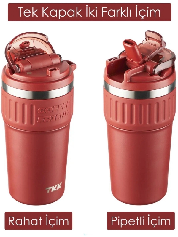 Vagon Life TKK 630 ML Özel Seri Çelik Mug Kahve Bardağı Pipetli/Rahat İçim 6 Saat Sıcak/12 Saat Soğuk Termos -T2023 630ML Kırmızı