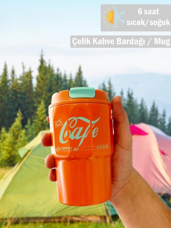 Vagon Life Shotay Çelik 450 ML Kahve Bardağı / Mug 6 Saat Sıcak/Soğuk Taşıma Askılı VGN-8135 Turuncu