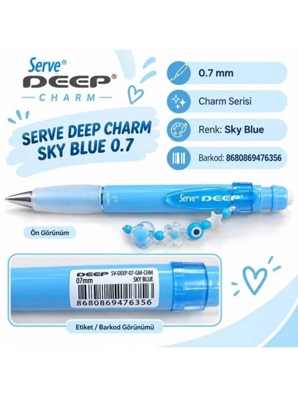 Serve Deep Charm 0.7 mm Versatil Mekanik Uçlu Kalem – Charm Aksesuarlı – Mavi  Sky Blue