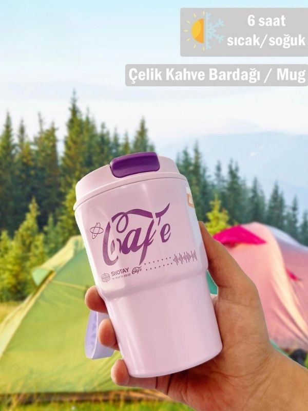 Vagon Life Shotay Çelik 450 ML Kahve Bardağı / Mug 6 Saat Sıcak/Soğuk Taşıma Askılı VGN-8135 Mor