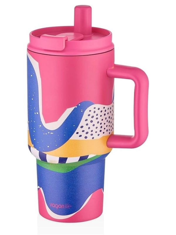 Vagonlife 800ml Desenli Pipetli Çift Kullanım Tumbler Mug Paslanmaz Çelik Termos VGN-8138 Pembe-Mavi-Sarı