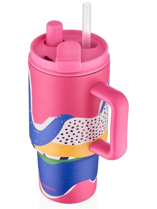 Vagonlife 800ml Desenli Pipetli Çift Kullanım Tumbler Mug Paslanmaz Çelik Termos VGN-8138 Pembe-Mavi-Sarı