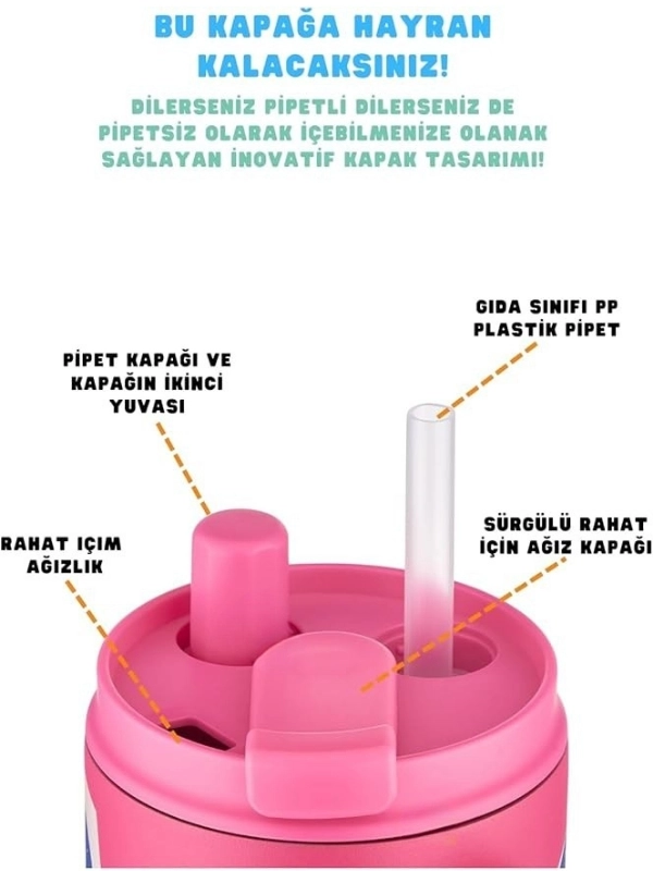 Vagonlife 800ml Desenli Pipetli Çift Kullanım Tumbler Mug Paslanmaz Çelik Termos VGN-8138 Pembe-Mavi-Sarı