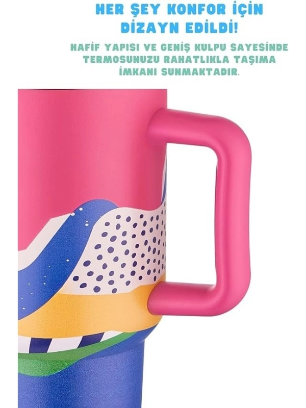 Vagonlife 800ml Desenli Pipetli Çift Kullanım Tumbler Mug Paslanmaz Çelik Termos VGN-8138 Pembe-Mavi-Sarı