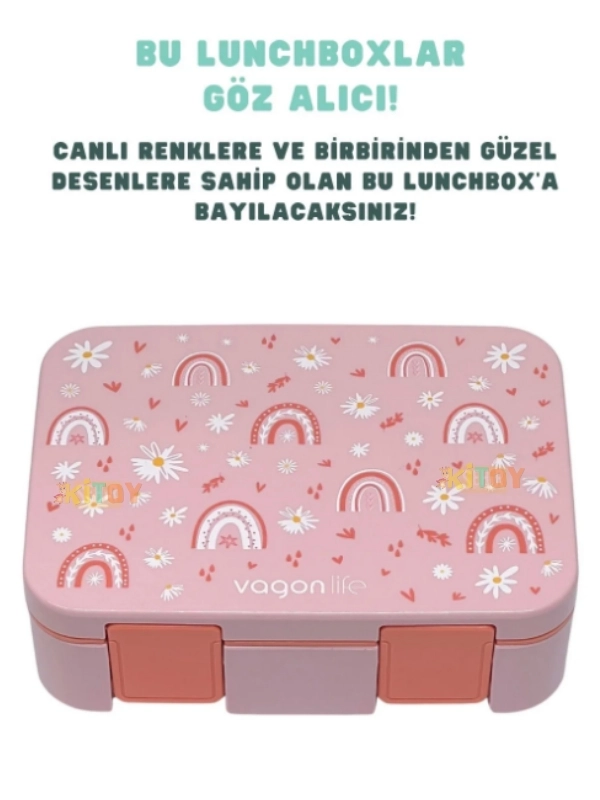 Vagonlife Bento 1000ml Lunchbox Tek Katlı 3 Bölmeli ABS Plastik Çocuk Sefer Tası Yemek Kutusu Pembe Gökkuşağı VGN-092