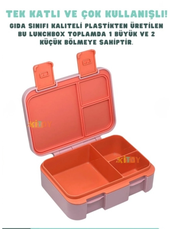 Vagonlife Bento 1000ml Lunchbox Tek Katlı 3 Bölmeli ABS Plastik Çocuk Sefer Tası Yemek Kutusu Pembe Gökkuşağı VGN-092