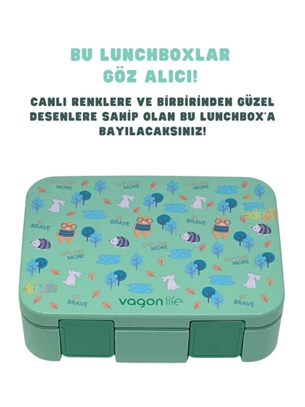 Vagonlife Bento 1000ml Lunchbox Tek Katlı 3 Bölmeli ABS Plastik Çocuk Sefer Tası Yemek Kutusu Yeşil Orman VGN-092