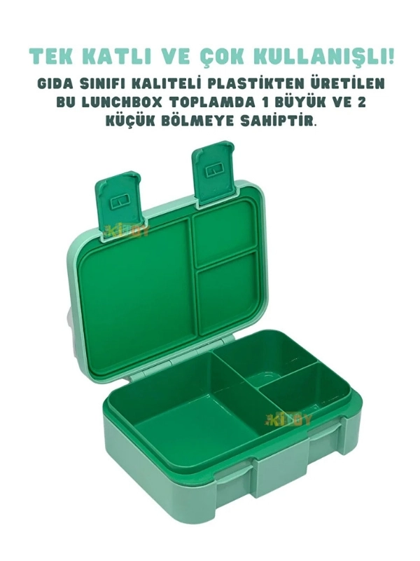 Vagonlife Bento 1000ml Lunchbox Tek Katlı 3 Bölmeli ABS Plastik Çocuk Sefer Tası Yemek Kutusu Yeşil Orman VGN-092