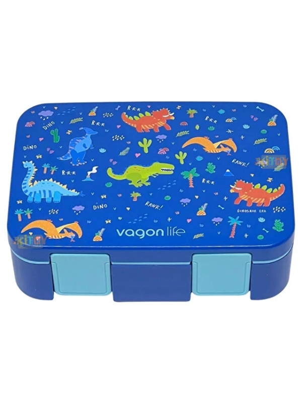 Vagonlife Bento 700ml Lunchbox Tek Katlı 3 Bölmeli ABS Plastik Çocuk Sefer Tası Yemek Kutusu Mavi Dinozor VGN-096