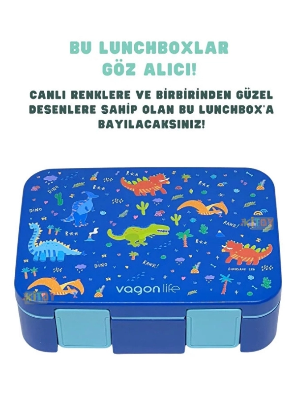 Vagonlife Bento 1000ml Lunchbox Tek Katlı 3 Bölmeli ABS Plastik Çocuk Sefer Tası Yemek Kutusu Mavi Dinozor VGN-092