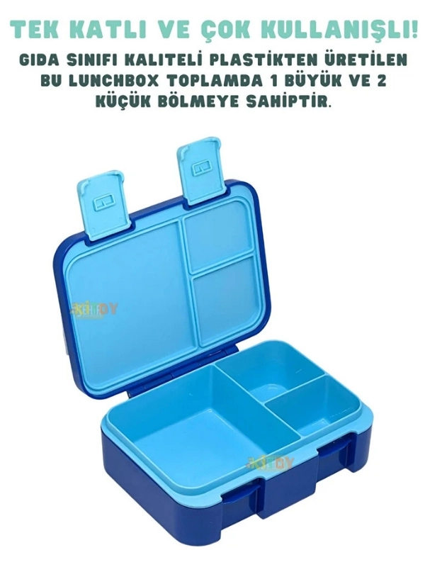 Vagonlife Bento 700ml Lunchbox Tek Katlı 3 Bölmeli ABS Plastik Çocuk Sefer Tası Yemek Kutusu Mavi Dinozor VGN-096