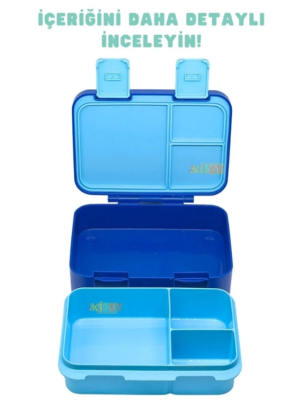 Vagonlife Bento 1000ml Lunchbox Tek Katlı 3 Bölmeli ABS Plastik Çocuk Sefer Tası Yemek Kutusu Mavi Dinozor VGN-092