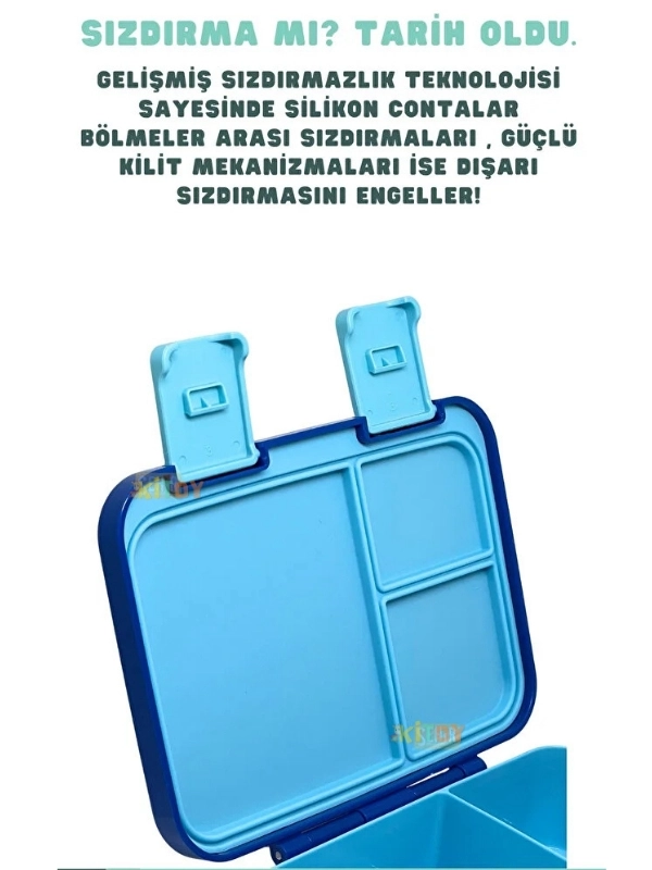 Vagonlife Bento 1000ml Lunchbox Tek Katlı 3 Bölmeli ABS Plastik Çocuk Sefer Tası Yemek Kutusu Mavi Dinozor VGN-092