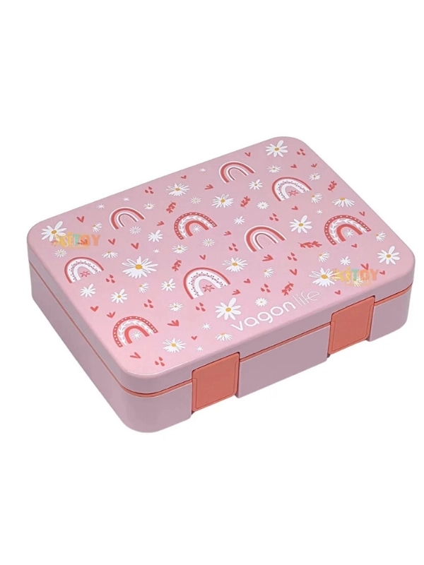 Vagonlife Bento 1300ml Lunchbox Tek Katlı 3 Bölmeli ABS Plastik Çocuk Sefer Tası Yemek Kutusu Pembe Gökkuşağı VGN-091