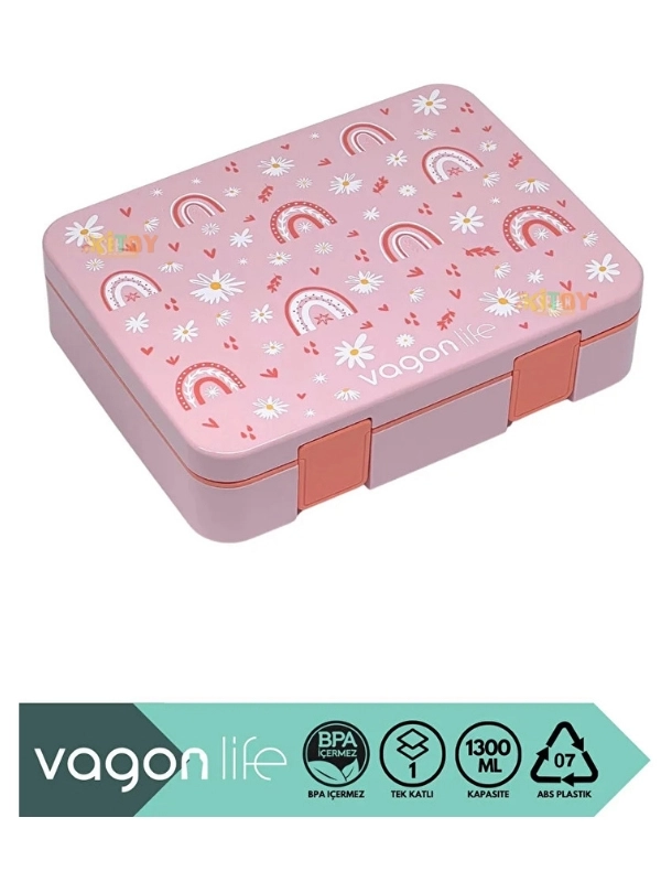 Vagonlife Bento 1300ml Lunchbox Tek Katlı 3 Bölmeli ABS Plastik Çocuk Sefer Tası Yemek Kutusu Pembe Gökkuşağı VGN-091