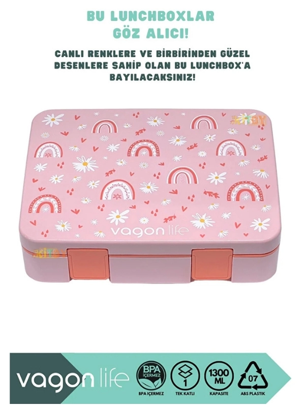 Vagonlife Bento 1300ml Lunchbox Tek Katlı 3 Bölmeli ABS Plastik Çocuk Sefer Tası Yemek Kutusu Pembe Gökkuşağı VGN-091
