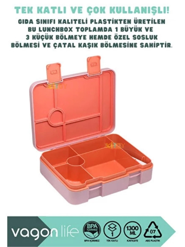 Vagonlife Bento 1300ml Lunchbox Tek Katlı 3 Bölmeli ABS Plastik Çocuk Sefer Tası Yemek Kutusu Pembe Gökkuşağı VGN-091