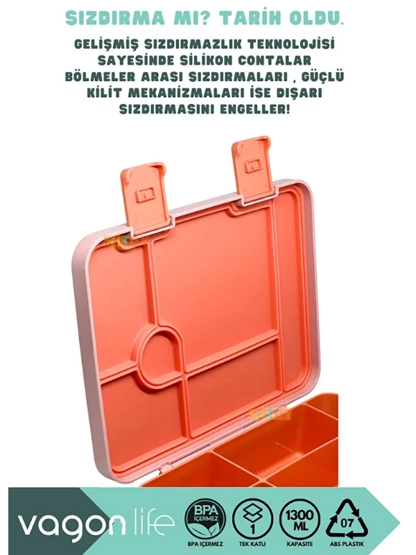 Vagonlife Bento 1300ml Lunchbox Tek Katlı 3 Bölmeli ABS Plastik Çocuk Sefer Tası Yemek Kutusu Pembe Gökkuşağı VGN-091