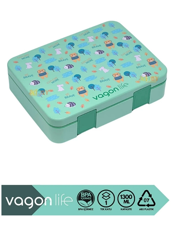 Vagonlife Bento 1300ml Lunchbox Tek Katlı 3 Bölmeli ABS Plastik Çocuk Sefer Tası Yemek Kutusu Yeşil Orman VGN-091